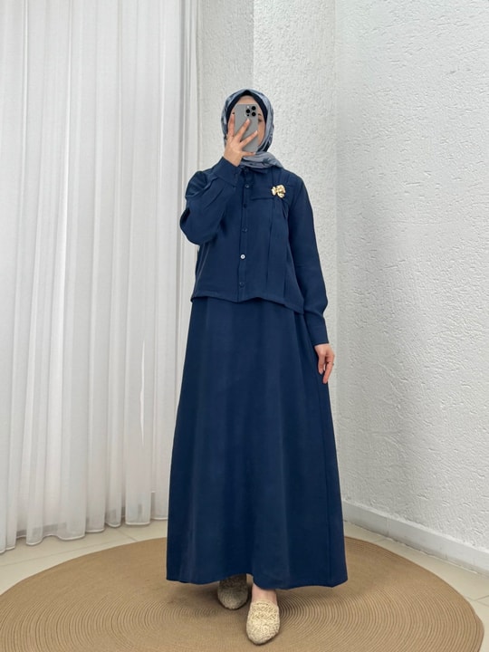 Aycan Tokalı Gömlekli İkili Elbise-MF1802.1 Lacivert