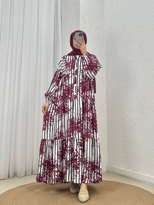 Ayçiçek Çizgili Leopar Desen Elbise-MF1755.3 Bordo