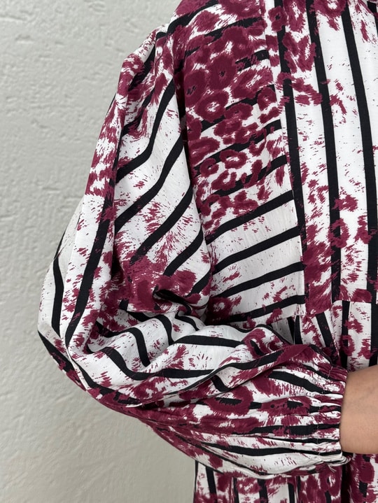 Ayçiçek Çizgili Leopar Desen Elbise-MF1755.3 Bordo