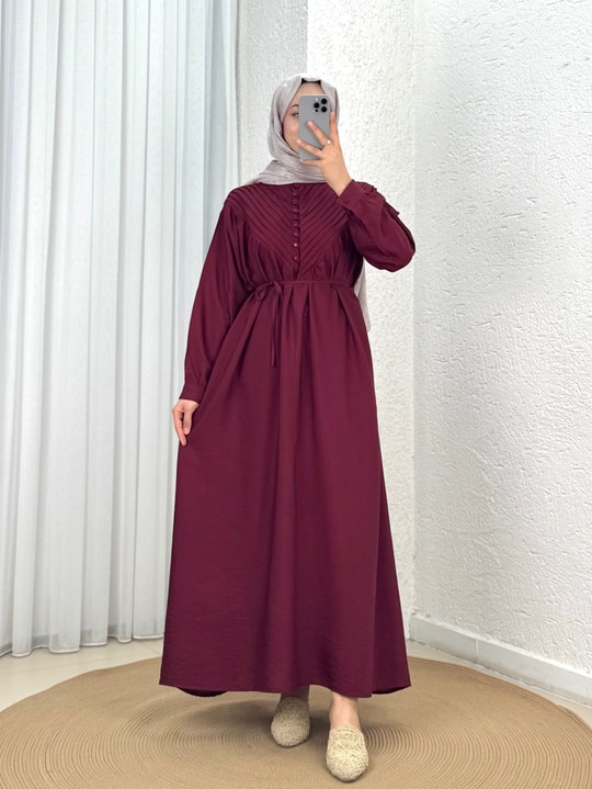Ayçıl Nervürlü Modal Elbise-NA2407 Bordo