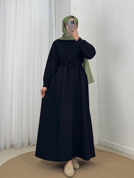 Ayçıl Nervürlü Modal Elbise-NA2407 Siyah