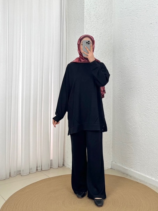 Aygen Önü Dikiş Detaylı Yanı Düğmeli Pantolonlu Takım-MF1890 Siyah