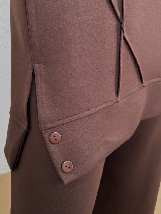 Aygen Önü Dikiş Detaylı Yanı Düğmeli Pantolonlu Takım-MF1890 Kahve
