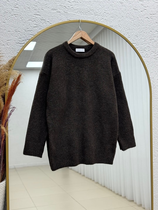 Aylin Bisiklet Yaka Altı Lastikli Oversize Kazak-Zİ7035 Kahve