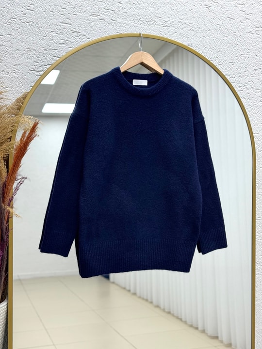 Aylin Bisiklet Yaka Altı Lastikli Oversize Kazak-Zİ7035 Lacivert