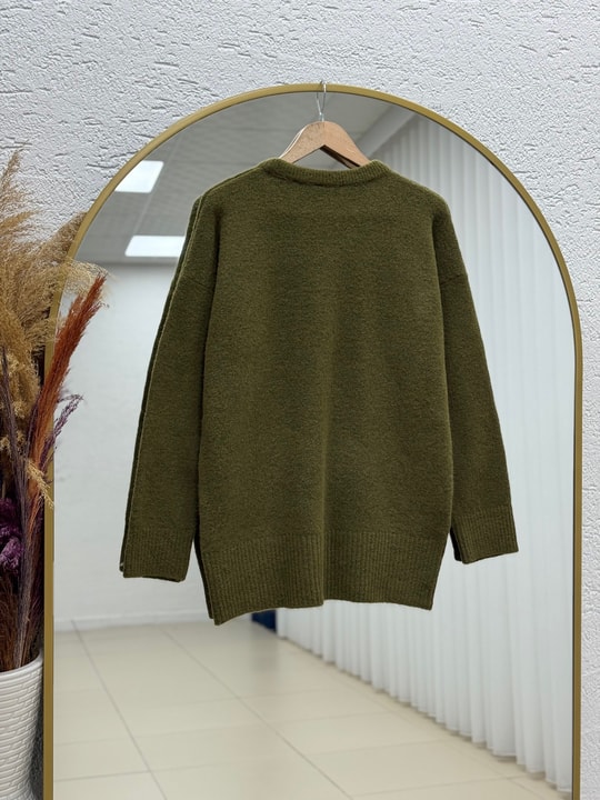 Aylin Bisiklet Yaka Altı Lastikli Oversize Kazak-Zİ7035 Haki