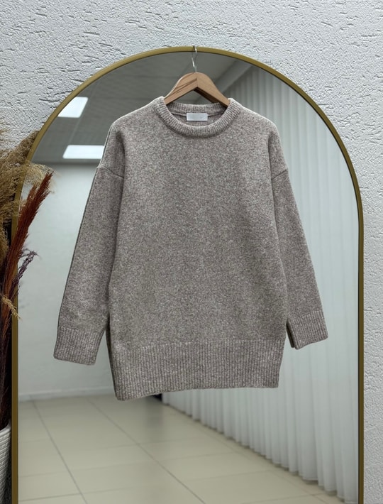 Aylin Bisiklet Yaka Altı Lastikli Oversize Kazak-Zİ7035 Taş