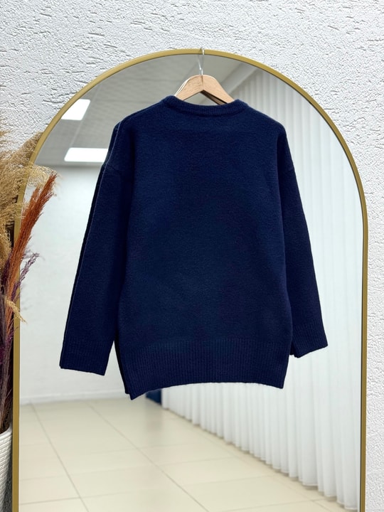 Aylin Bisiklet Yaka Altı Lastikli Oversize Kazak-Zİ7035 Lacivert