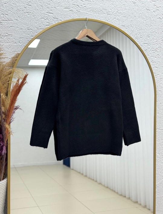 Aylin Bisiklet Yaka Altı Lastikli Oversize Kazak-Zİ7035 Siyah