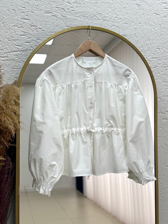 Aylinay Büzgülü Beli Tünelli Gömlek-BN4174 Beyaz
