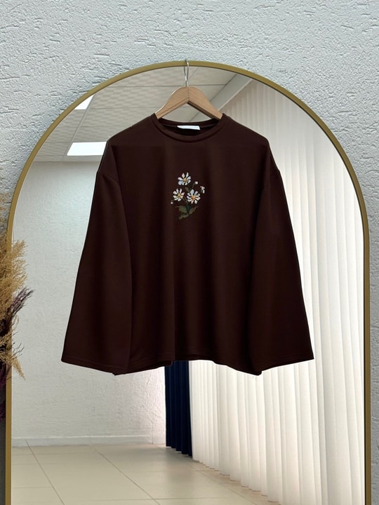 Aylira Çiçek Nakışlı Tunik-SS13252 Kahve