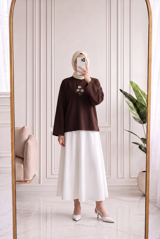 Aylira Çiçek Nakışlı Tunik-SS13252 Kahve