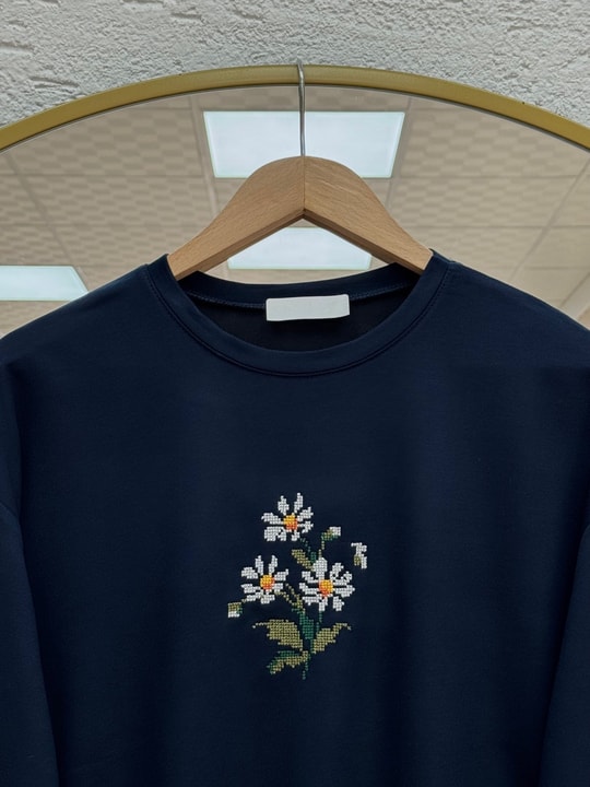 Aylira Çiçek Nakışlı Tunik-SS13252 Lacivert
