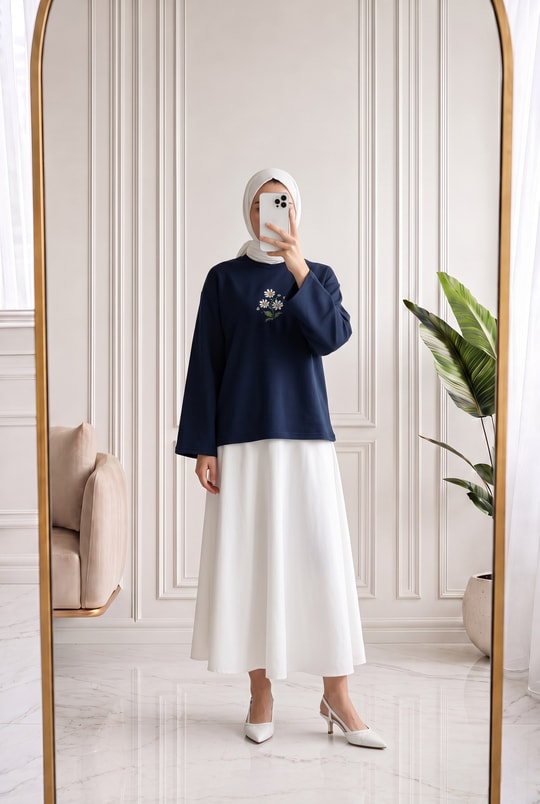 Aylira Çiçek Nakışlı Tunik-SS13252 Lacivert