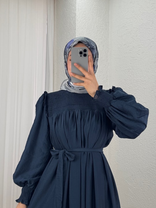 Aypare Göğsü Ve Kol Ucu Büzgülü Vual Elbise-PA9887 Lacivert