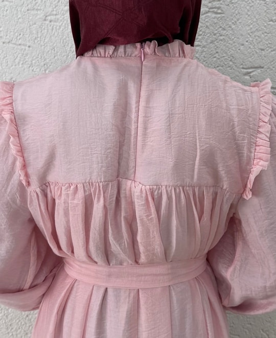 Aypare Göğsü Ve Kol Ucu Büzgülü Vual Elbise-PA9887 Pembe