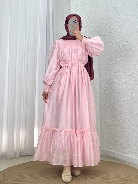 Aypare Göğsü Ve Kol Ucu Büzgülü Vual Elbise-PA9887 Pembe