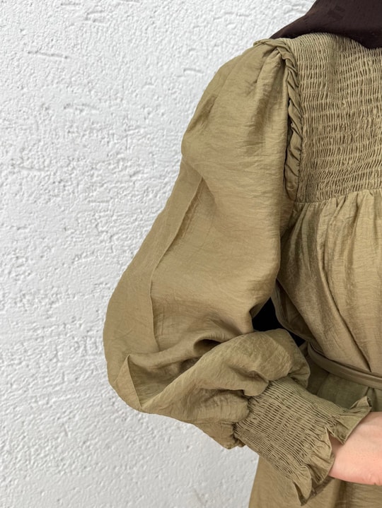 Aypare Göğsü Ve Kol Ucu Büzgülü Vual Elbise-PA9887 Yağ Yeşili