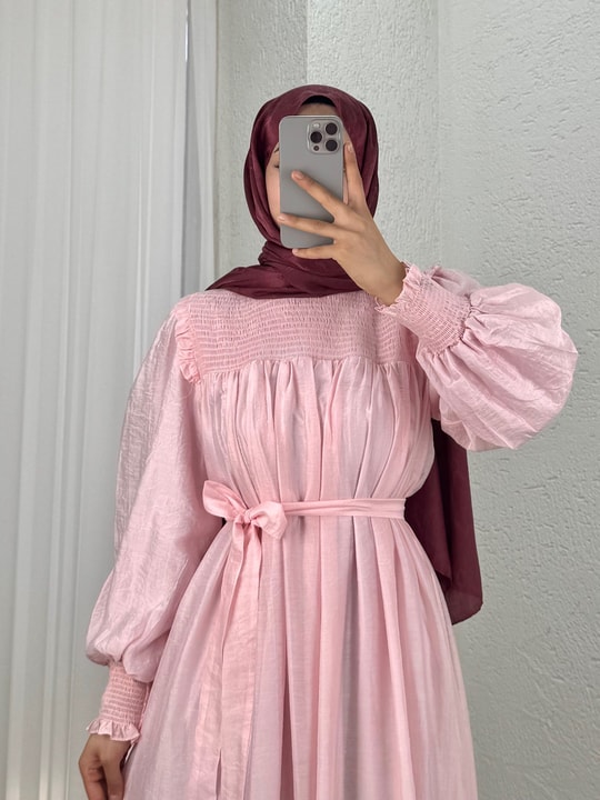 Aypare Göğsü Ve Kol Ucu Büzgülü Vual Elbise-PA9887 Pembe