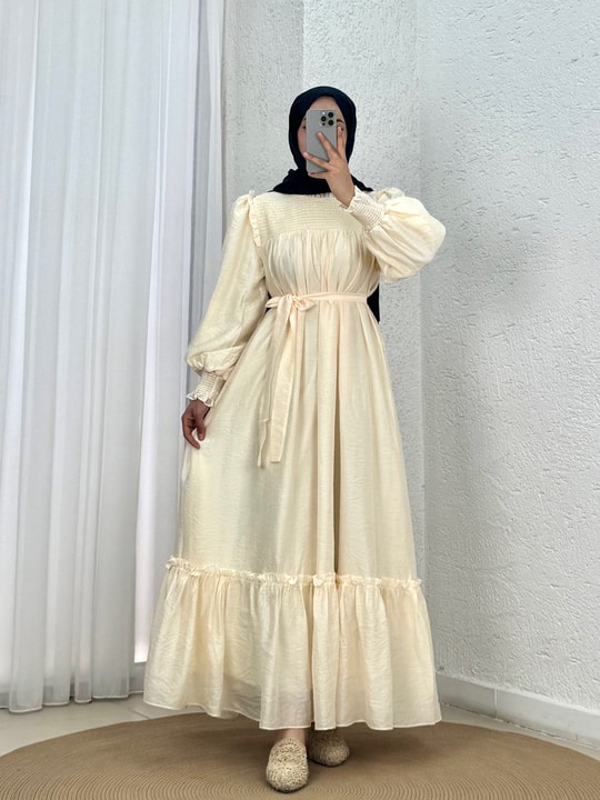 Aypare Göğsü Ve Kol Ucu Büzgülü Vual Elbise-PA9887 Sarı