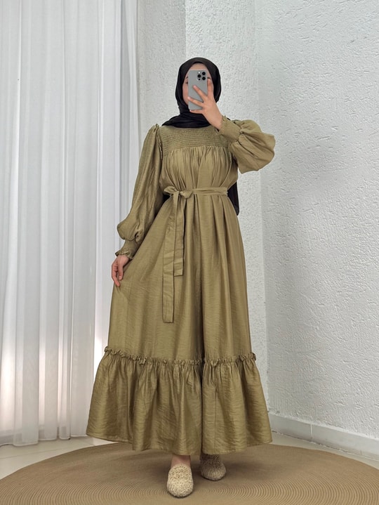 Aypare Göğsü Ve Kol Ucu Büzgülü Vual Elbise-PA9887 Yağ Yeşili
