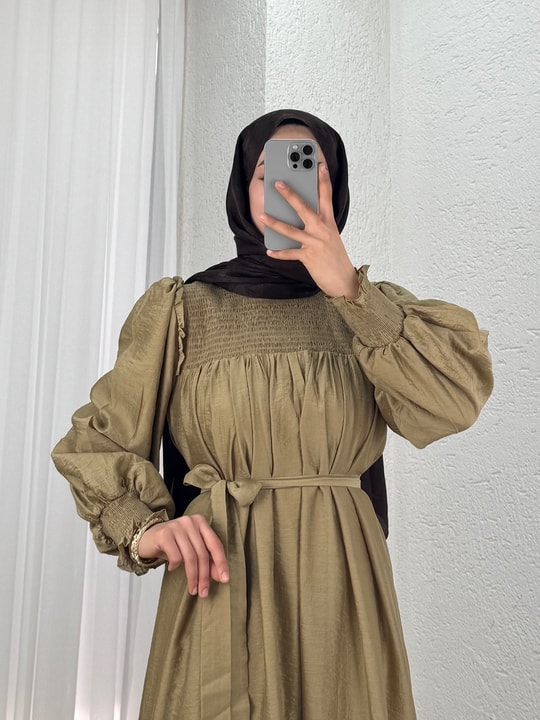 Aypare Göğsü Ve Kol Ucu Büzgülü Vual Elbise-PA9887 Yağ Yeşili