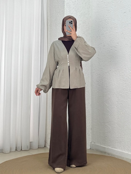 Ayperi Çizgili Önü Pensli Gömlek-BN4709 Mint