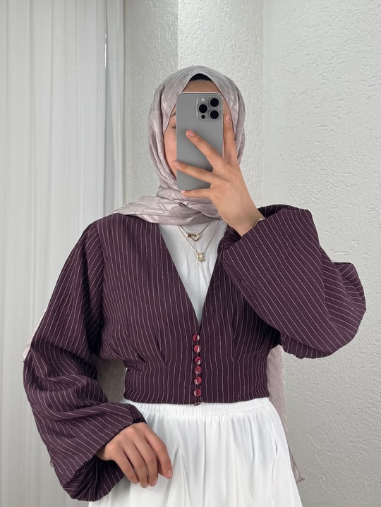 Ayperi Çizgili Önü Pensli Gömlek-BN4709 Mürdüm