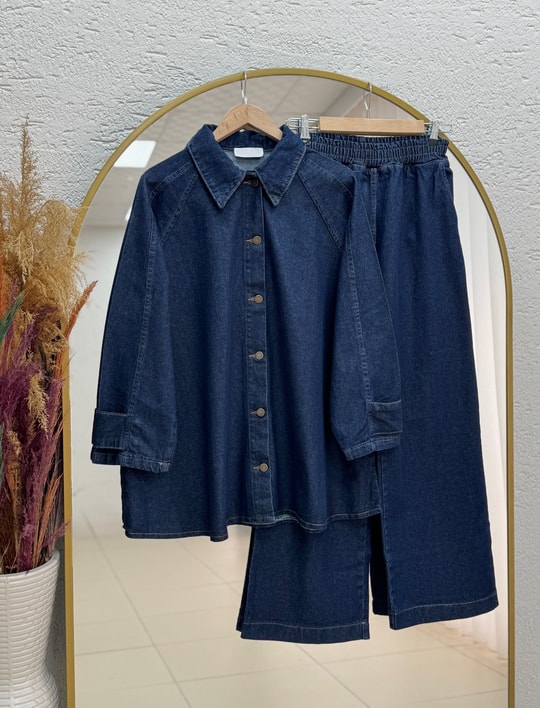 Ayşe Kolları Düğmeli Pantolonlu Kot Takım-LS7222 Lacivert