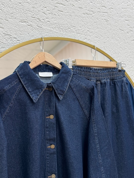 Ayşe Kolları Düğmeli Pantolonlu Kot Takım-LS7222 Lacivert