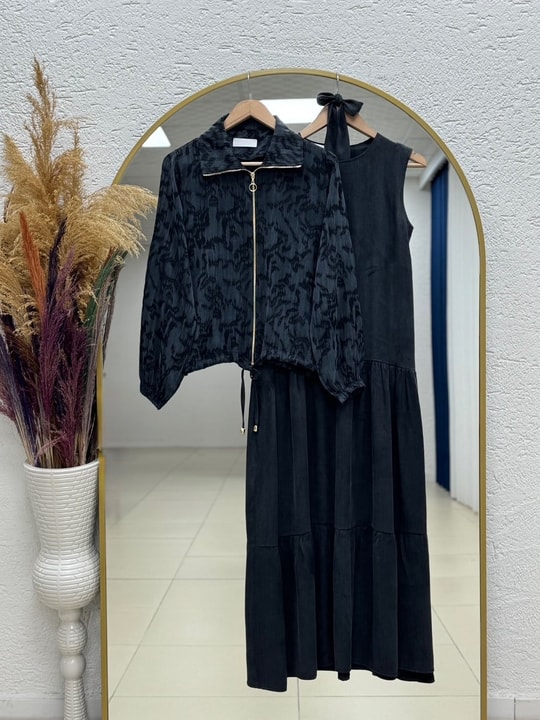 Ayşen Ceketi Desenli Altı Sıkmalı İkili Elbise-MF1795 Siyah