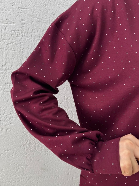 Aysu Altı Piliseli Taşlı Pantolonlu Takım-BN4572 Bordo
