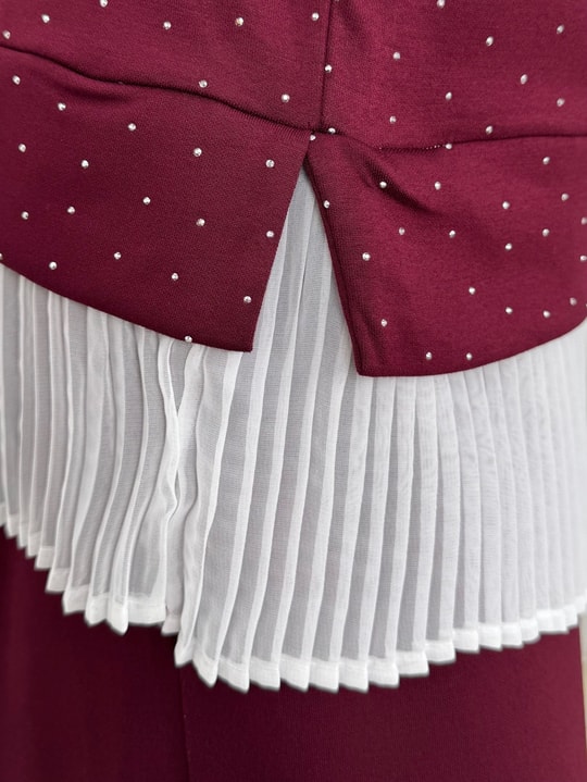 Aysu Altı Piliseli Taşlı Pantolonlu Takım-BN4572 Bordo