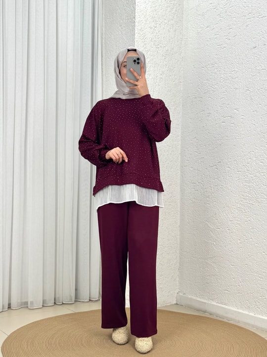 Aysu Altı Piliseli Taşlı Pantolonlu Takım-BN4572 Bordo
