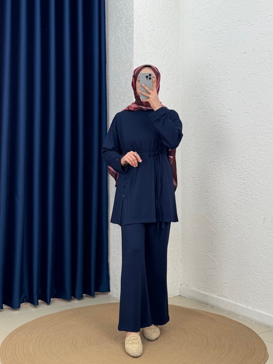 Ayvaz Yanı Düğmeli Kolu Katlamalı Pantolonlu Takım-MF1891 Lacivert