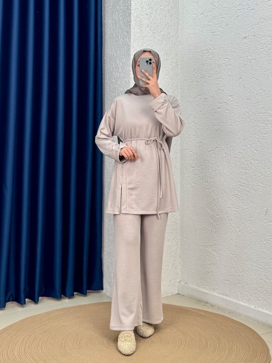 Ayvaz Yanı Düğmeli Kolu Katlamalı Pantolonlu Takım-MF1891 Taş