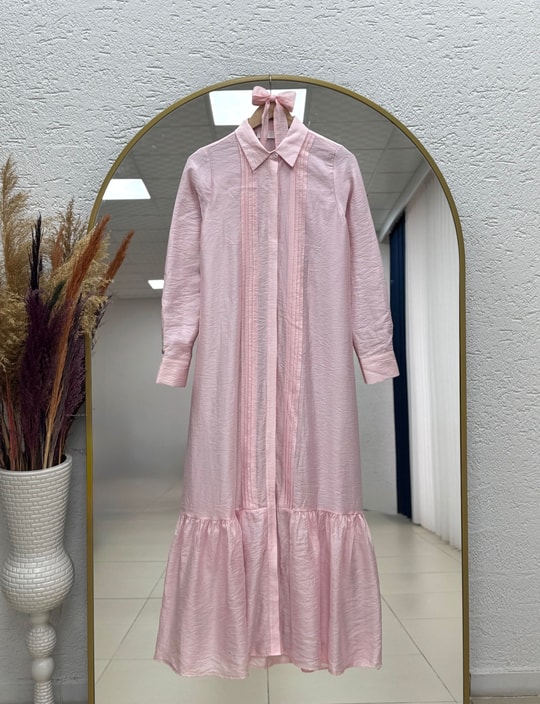 Azende Önü Pileli Kol Ucu Çift Düğmeli Elbise-PA9882 Pembe