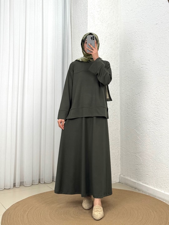 Azime Ribanalı Yırtmaçlı Etekli Takım-MF1892 Haki