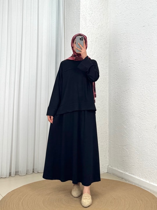 Azime Ribanalı Yırtmaçlı Etekli Takım-MF1892 Siyah
