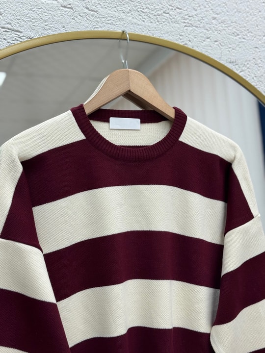 Bahar Kalın Çizgili Oversize Kazak-Zİ5260 Bordo