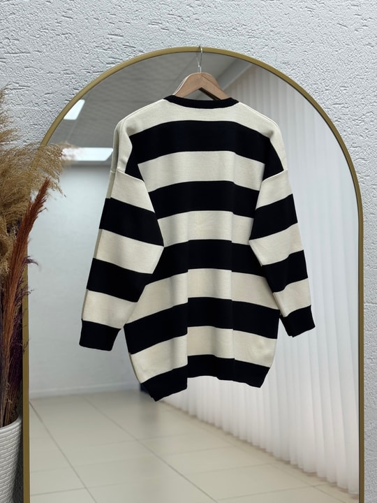Bahar Kalın Çizgili Oversize Kazak-Zİ5260 Siyah