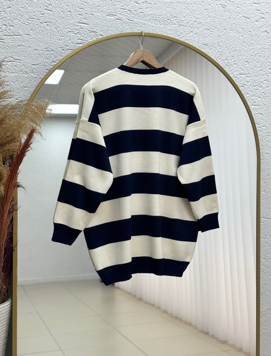 Bahar Kalın Çizgili Oversize Kazak-Zİ5260 Lacivert