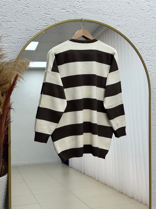 Bahar Kalın Çizgili Oversize Kazak-Zİ5260 Kahve