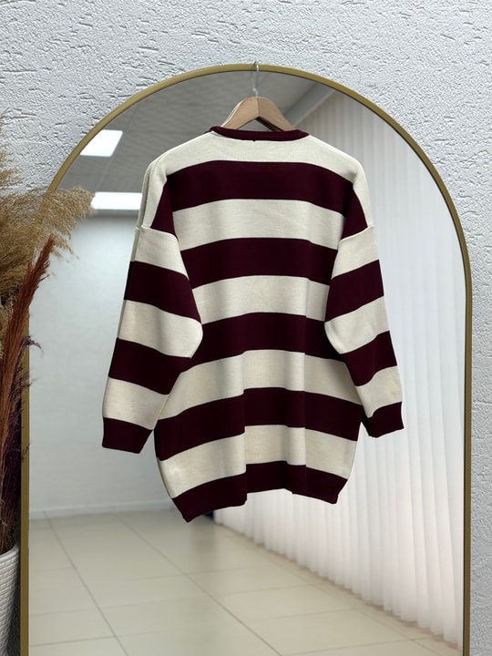 Bahar Kalın Çizgili Oversize Kazak-Zİ5260 Bordo