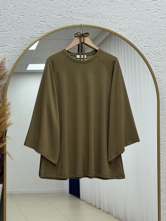 Bahargül Reglan Kol Kordunlu Tunik-MF1933 Yağ Yeşili