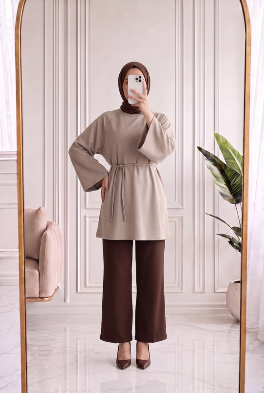 Bahargül Reglan Kol Kordunlu Tunik-MF1933 Taş