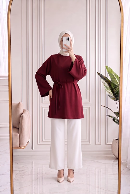 Bahargül Reglan Kol Kordunlu Tunik-MF1933 Kırmızı