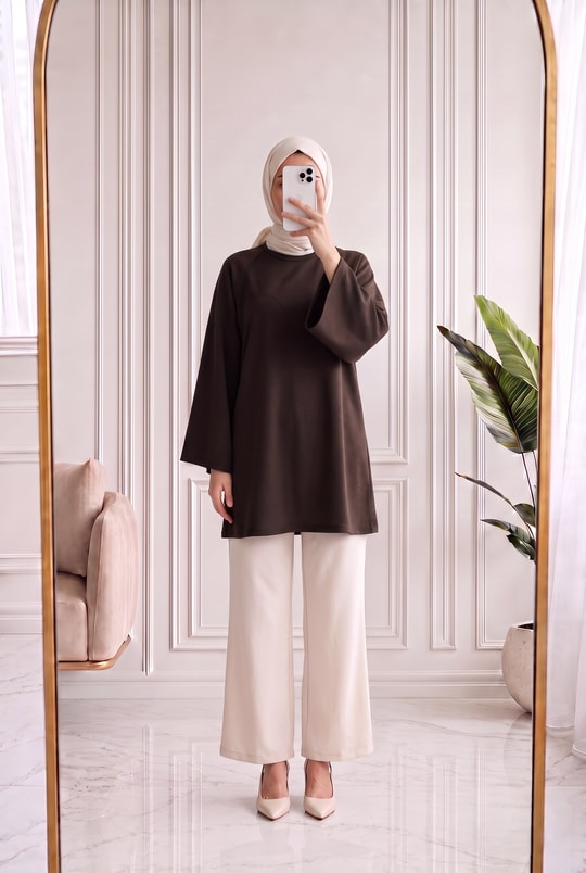 Bahargül Reglan Kol Kordunlu Tunik-MF1933 Kahve