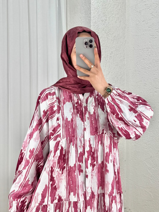 Begonya Mermer Desen Elbise-MF1755.7 Bordo
