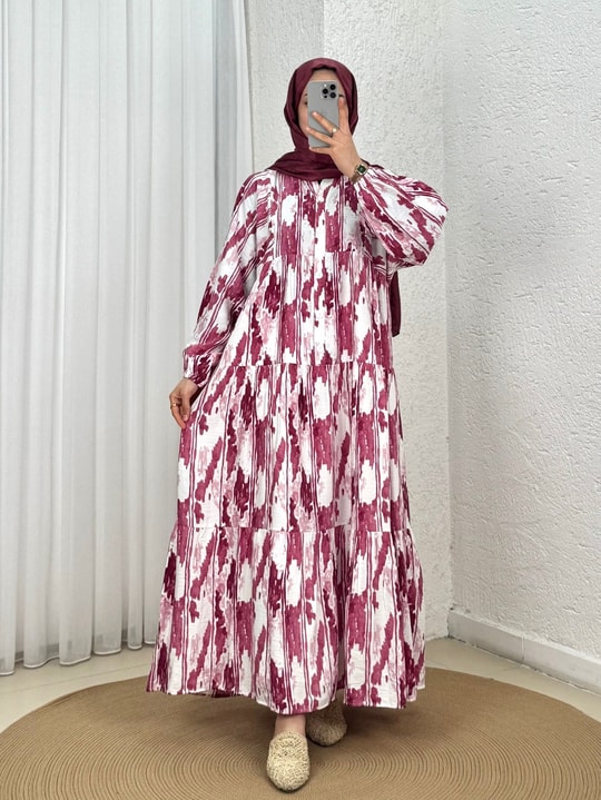 Begonya Mermer Desen Elbise-MF1755.7 Bordo